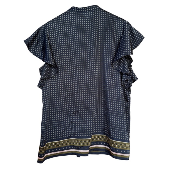 Ann Taylor Flutter Sleeve Silky Blouse Top Navy Blue Floral Size Medium - Picture 4 of 5